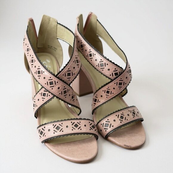 Blush Pink Suede Block Heel Sandals With Laser Cut Design & Back Zipper Closure - Picture 1 of 4